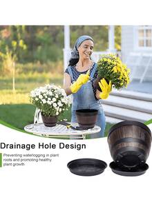 老式威士忌酒桶花盆带托盘套装 - 2个（一个底座+一个花盆），条纹塑料花盆带排水孔，适用于客厅、卧室、户外、花园、阳台、公寓、办公室和乡村旅馆。花盆、花篮，适合种植香草和多肉植物 - 圆形花园花盆，物美价廉，加厚耐用，防水