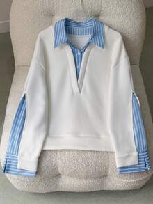 SAOYANGYU Women's Korean Style Striped Patchwork Casual Sweatshirt - White - View 2