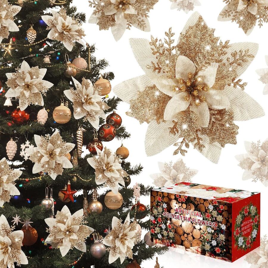 1/10/20/30pcs Glitter Poinsettia Christmas Tree Decorations - Artificial Poinsettia Flowers With Clips, Suitable For Holiday Wreath Decor, Christmas And New Year Holiday Decorations
