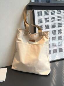 时尚纯色手提包 - 轻巧耐用的帆布，多功能设计，配有安全纽扣闭合 - 非常适合工作和日常使用 - 米色 - 查看 6