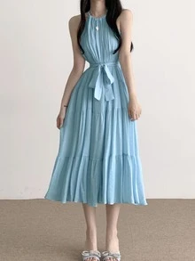 2025春夏新款女式系带无袖A字连衣裙 - 藍色 - 查看 2