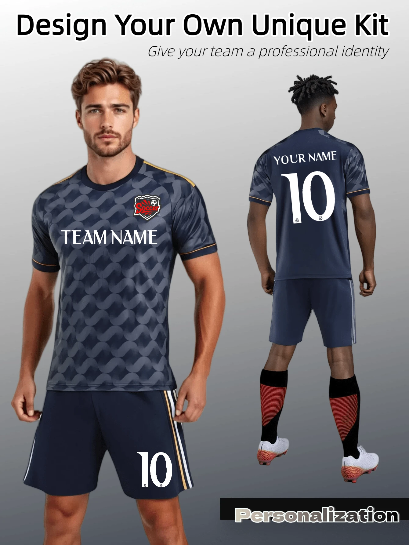 两件套定制足球服：完全个性化定制。皇马黑色图案搭配黑色滚边，彰显前卫风格，并结合柔韧透气的面料。专为创意团队和比赛而设计，并通过大胆时尚的前卫设计展现独特的个性。