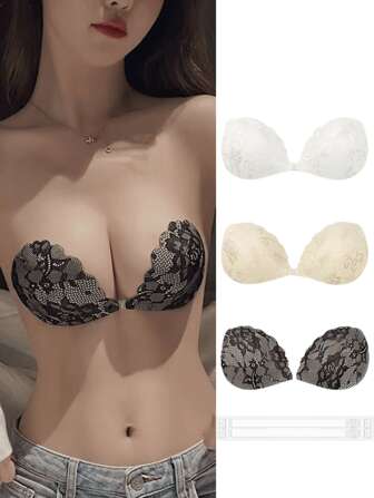 YIYANG 3 对隐形聚拢硅胶胸罩（带肩带）| 可重复使用、露背、无肩带胸罩，适用于婚纱和泳装（图案随机）