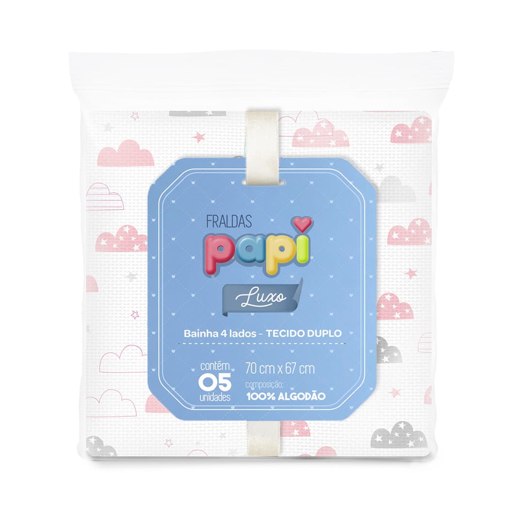 Papi Luxury Double Fabric Diaper 5 Units - 100% Cotton - With Hem - Girl - View 1