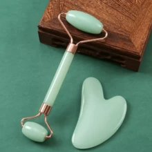 Rolo de Jade Natural Para Face Lift Up E Gua Sha Board Raspador De Pedra Kit Rolo Massageador de Pedra Para Face Lift Kit de Jade para Skin Care – Rolo + Pedra Gua Sha