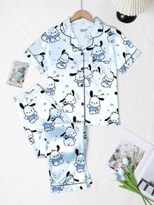 Sanrio Hello Kitty Silk Pajama Set, 97% Polyester 3% Elastane, Short Sleeve Button Front Lapel Bow Cartoon Cute Front Button Pocket Contrast Trim