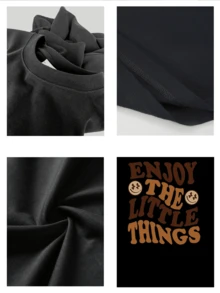 Camiseta negra de moda masculina 220g algodón puro pesado estampado Enjoy the little things texto café cuello redondo manga corta gruesa y cómoda - Negro - Ver 4
