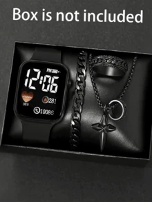 1pc Men's Square Digital Sports Digital Watch And 3pcs Bracelet Necklace Ring, The Best Gift For Halloween