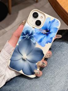 1 pieza Funda protectora suave y antideslizante para teléfono con patrón floral azul y textura de litchi, a prueba de agua y caídas, compatible con teléfonos Apple - Multicolor - Ver 2
