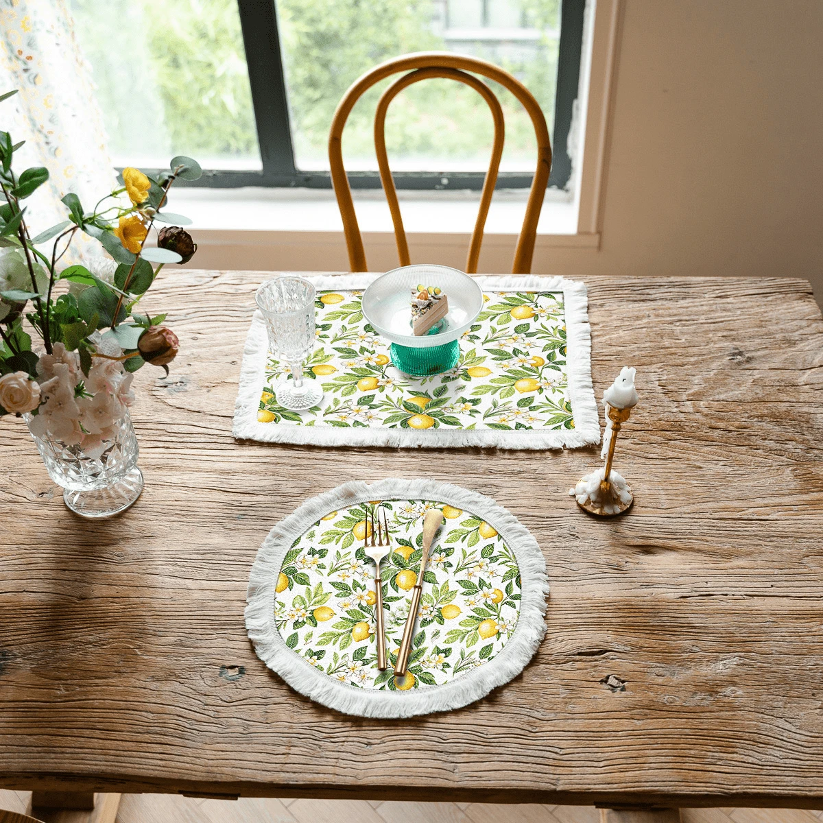 1pc Lemon Pattern Printed Placemat, Linen Tassel Dining Mat, Washable Table Pad, Home Decor, Placemats, Coasters, Kitchen Dining Table Mats, Indoor Outdoor Party Decoration, Home Decor, Ideal Gift - Multicolor - View 1