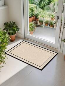 由浅米色背景和黑色矩形框架组成的方形图案，风格现代简约，减震抗疲劳地毯，厚度约3毫米，超柔软、吸水、轻质涤纶矩形设计，带橡胶背衬，耐用舒适