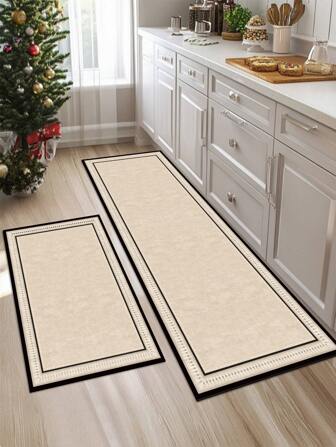 由浅米色背景和黑色矩形框架组成的方形图案，风格现代简约，减震抗疲劳地毯，厚度约3毫米，超柔软、吸水、轻质涤纶矩形设计，带橡胶背衬，耐用舒适