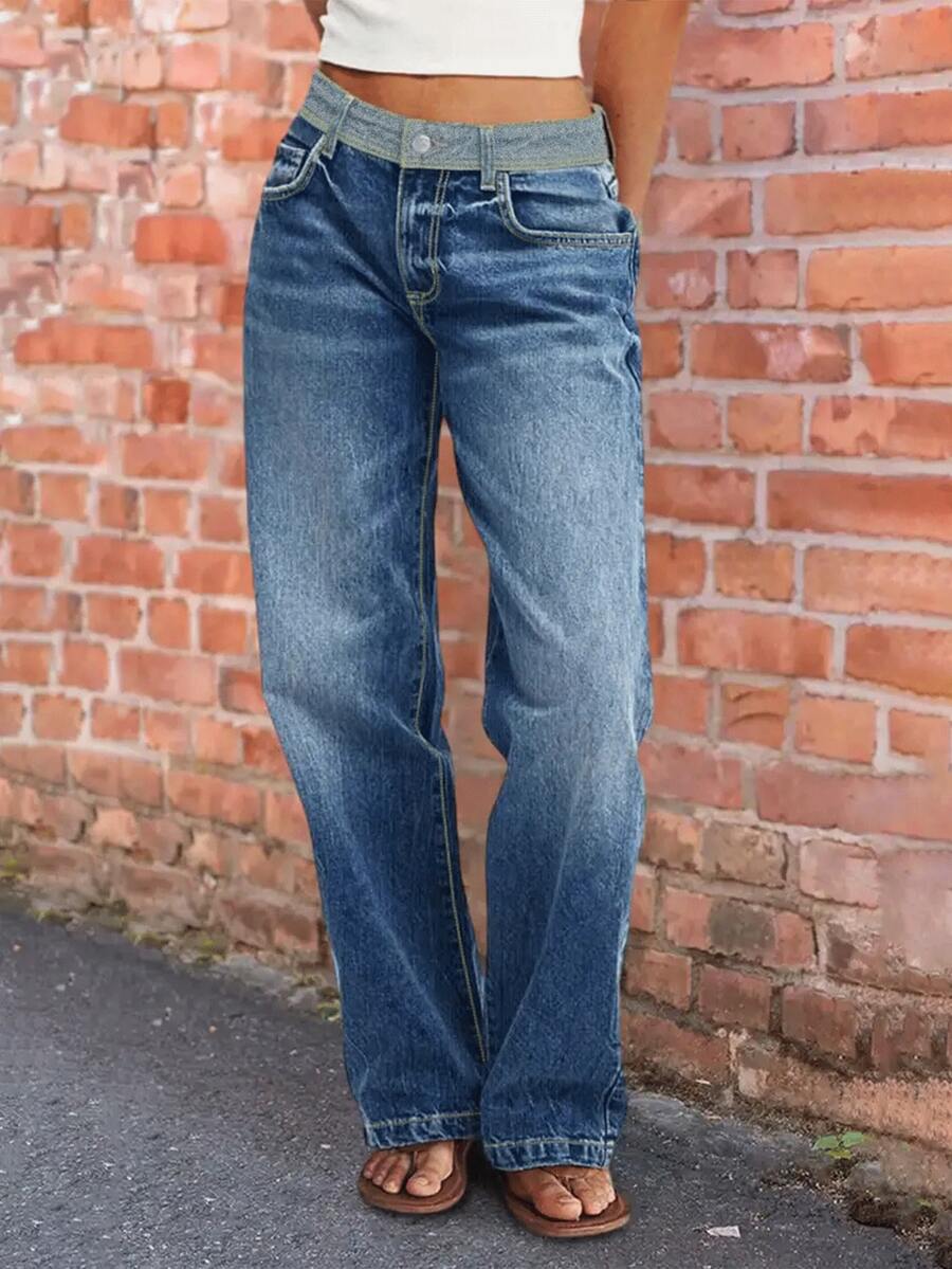 New Women's Designer Stretch Washed Stitching Stretch Denim Trousers - Rửa trung bình - Xem 1