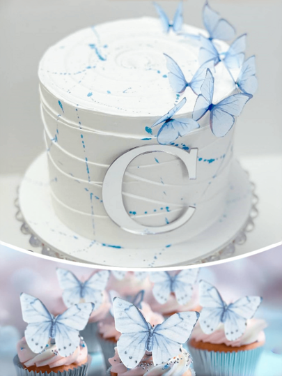 48 pièces Décorations de gâteau papillon bleu ciel pour cupcakes et gâteaux pour décoration de baby shower thème papillon, fournitures de fête d'anniversaire, décoration de gâteau de printemps et d'été pour femmes et filles, anniversaire, mariage