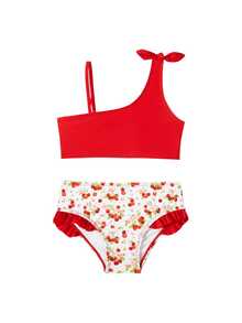 Trajes de baño para niñas, trajes de baño rojos, estampado de cerezas, bikini con hombros descubiertos, trajes de baño de dos piezas para niñas. - Rojo - Ver 1
