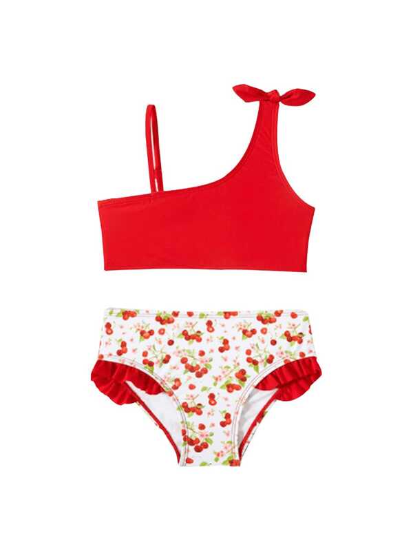 Trajes de baño para niñas, trajes de baño rojos, estampado de cerezas, bikini con hombros descubiertos, trajes de baño de dos piezas para niñas.