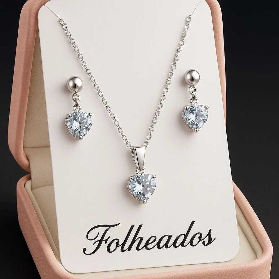 Delicate Silver Plated Zirconia Heart Necklace + Earring Kit For Women - Silver - View 1