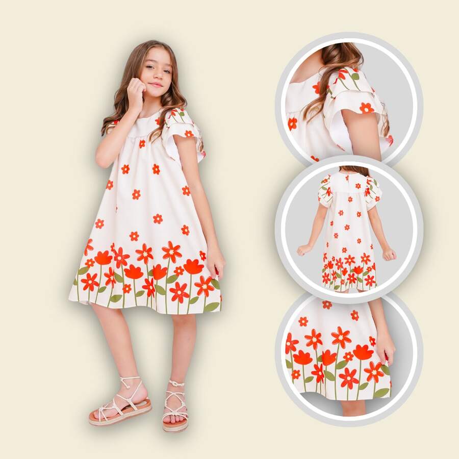 Children's Dress Girl Themed Enchanted Garden Bees Butterflies Graduation Fashion Blogger Fresh For Party Birthday Everyday Casual Teen Girl's Clothing Wedding Printed Loose Summer Floral - 米色 - 查看 1