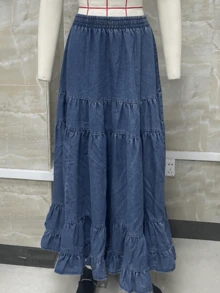 Women Denim Long Tiered Skirt Loose Solid Elastic Waist A-Line Casual Ruffle Jean Skirt Summer Streetwear - 深藍色 - 查看 5