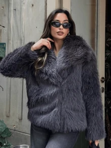 GDDYIN 女士冬季新款纯色仿皮草短款夹克，优雅优质外套，适合晚间约会 - 灰色 - 查看 6