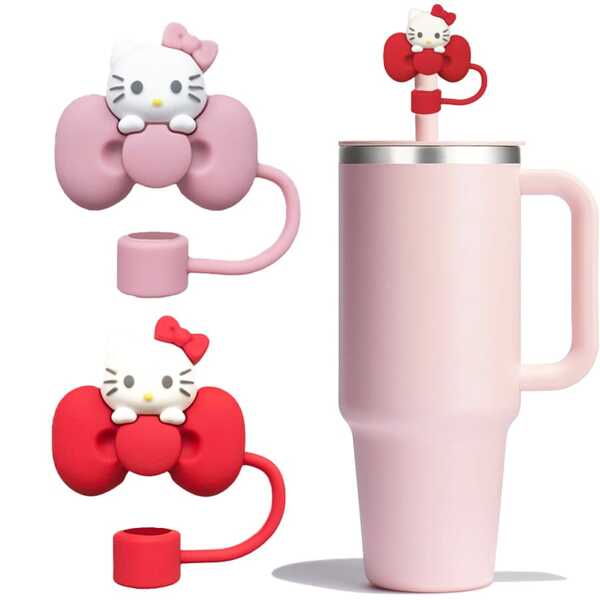 Sanrio Słomkowe czapki Hello Kitty, pyłoszczelne i stylowe, kreskówkowe wzory do dekoracji imprez i akcesoriów do kubków, urocze słomkowe czapki w różnych kształtach, silikonowe nakładki na słomki, czapki do słomek do picia o średnicy 1,02 cm/10 mm