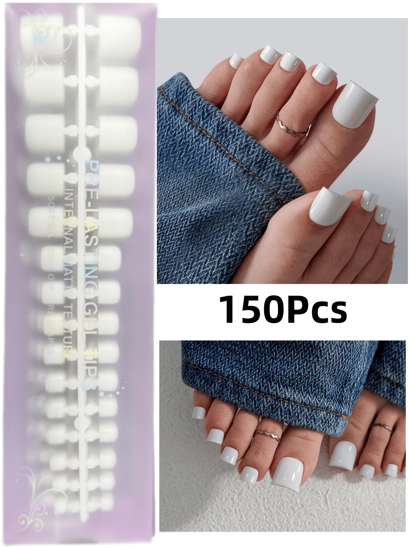 150片短方形按压式脚趾甲，白色人造指甲贴片套装，适合DIY，简约百搭，15种尺寸，女士美甲用品