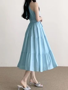 2025春夏新款女式系带无袖A字连衣裙 - 藍色 - 查看 4
