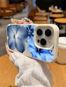 1 pieza Funda protectora suave y antideslizante para teléfono con patrón floral azul y textura de litchi, a prueba de agua y caídas, compatible con teléfonos Apple - Multicolor - Ver 5