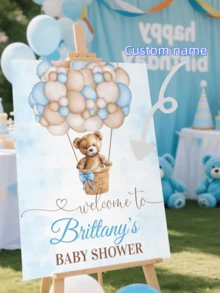 个性化洗礼欢迎牌，热气球泰迪熊主题，可定制姓名，婴儿洗礼纪念牌