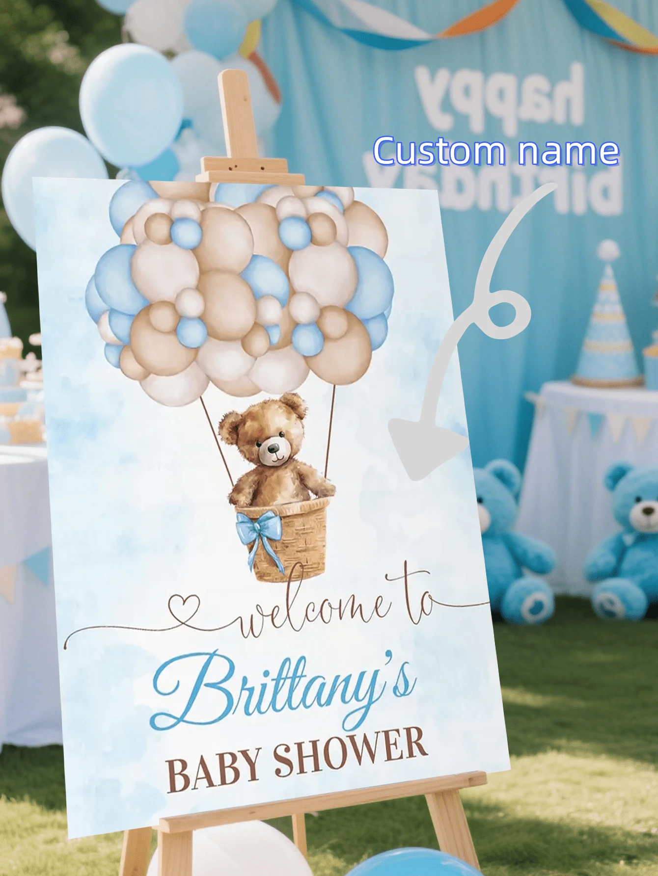 个性化洗礼欢迎牌，热气球泰迪熊主题，可定制姓名，婴儿洗礼纪念牌
