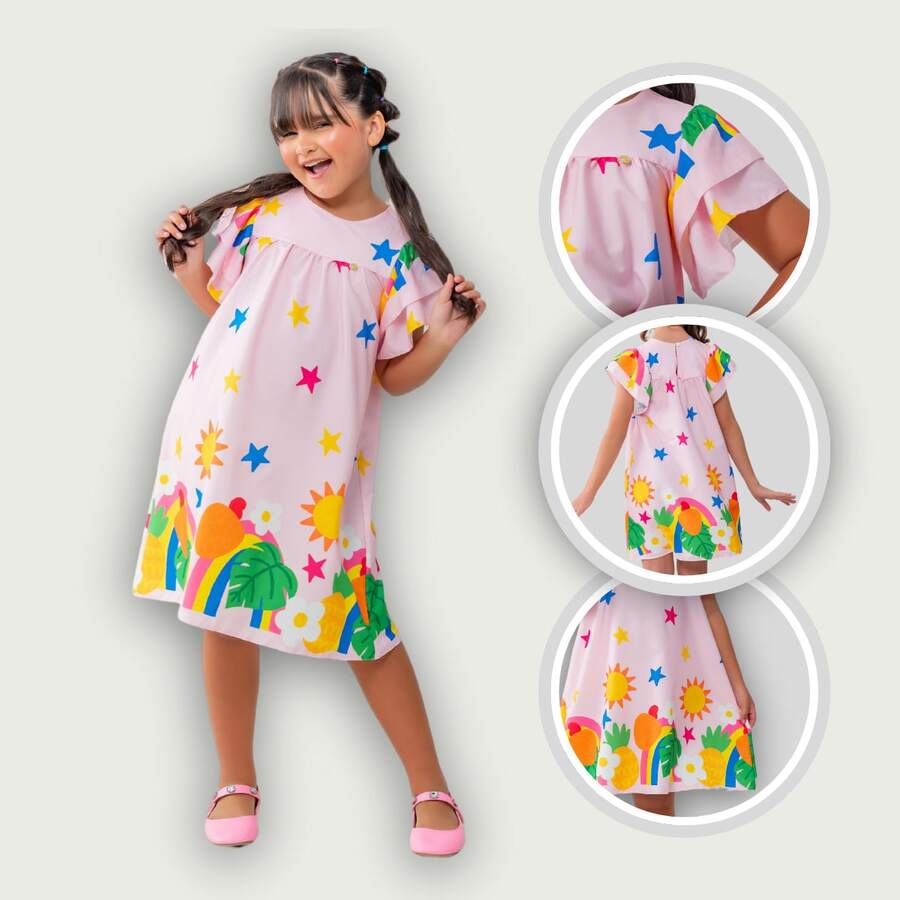 Children's Dress Girl Themed Enchanted Garden Bees Butterflies Graduation Fashion Blogger Fresh For Party Birthday Everyday Casual Teen Girl's Clothing Wedding Printed Loose Summer Floral - 藕粉色 - 查看 1