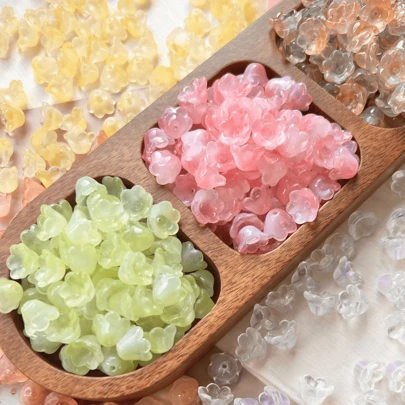 100pcs 12x7.5mm Gradient Color Semi-Transparent Glass Lily Of The Valley Beads, Including Yellow,Green, Pink And Purple - Ideal For DIY Jewelry, Hair Clips And Home Decor Crafts