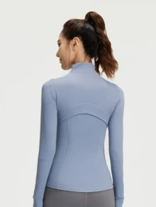 Chaqueta deportiva de manga larga con cremallera de unicolor para mujer, con puños con agujero para el pulgar ropa deportiva para fitness yoga y correr - Azul Gris - Ver 2