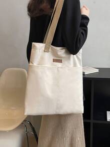 时尚纯色手提包 - 轻巧耐用的帆布，多功能设计，配有安全纽扣闭合 - 非常适合工作和日常使用 - 米色 - 查看 2