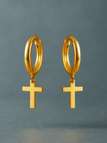 2 件精致时尚十字架吊坠环状耳环 18K 镀金宗教防水不褪色适合女性日常佩戴 - 十字架 - 查看 4