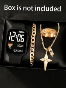 1pc Men's Square Digital Sports Digital Watch And 3pcs Bracelet Necklace Ring, The Best Gift For Halloween