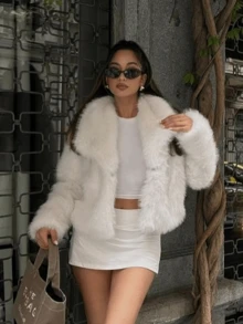 GDDYIN 女士新款纯色优雅奢华仿毛领外套，冬季穿搭的理想之选 - 白色 - 查看 9