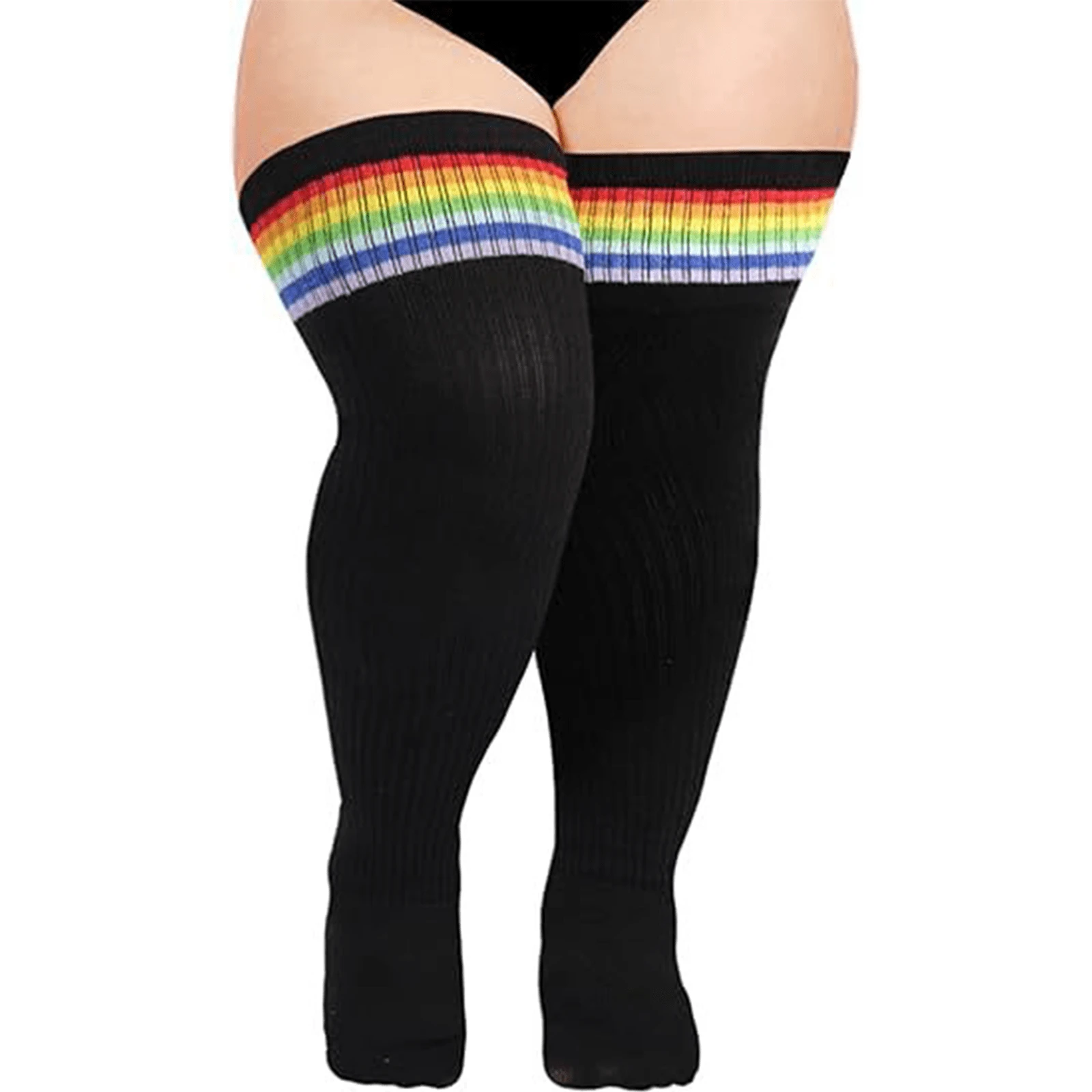 Plus Size Women Thigh High Socks For Thick Thighs- Extra Long Striped Thick Over The Knee Socks- Leg Warmer Boot Socks, Women Knit Cotton Extra Long Over The Knee-High Socks - 黑色 - 查看 1