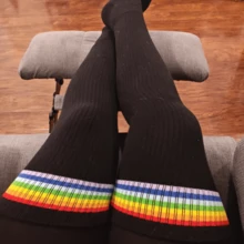 Plus Size Women Thigh High Socks For Thick Thighs- Extra Long Striped Thick Over The Knee Socks- Leg Warmer Boot Socks, Women Knit Cotton Extra Long Over The Knee-High Socks - 黑色 - 查看 7
