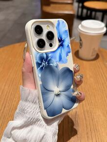 1 pieza Funda protectora suave y antideslizante para teléfono con patrón floral azul y textura de litchi, a prueba de agua y caídas, compatible con teléfonos Apple - Multicolor - Ver 3