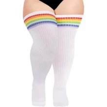 Plus Size Women Thigh High Socks For Thick Thighs- Extra Long Striped Thick Over The Knee Socks- Leg Warmer Boot Socks, Women Knit Cotton Extra Long Over The Knee-High Socks - 白色 - 查看 1