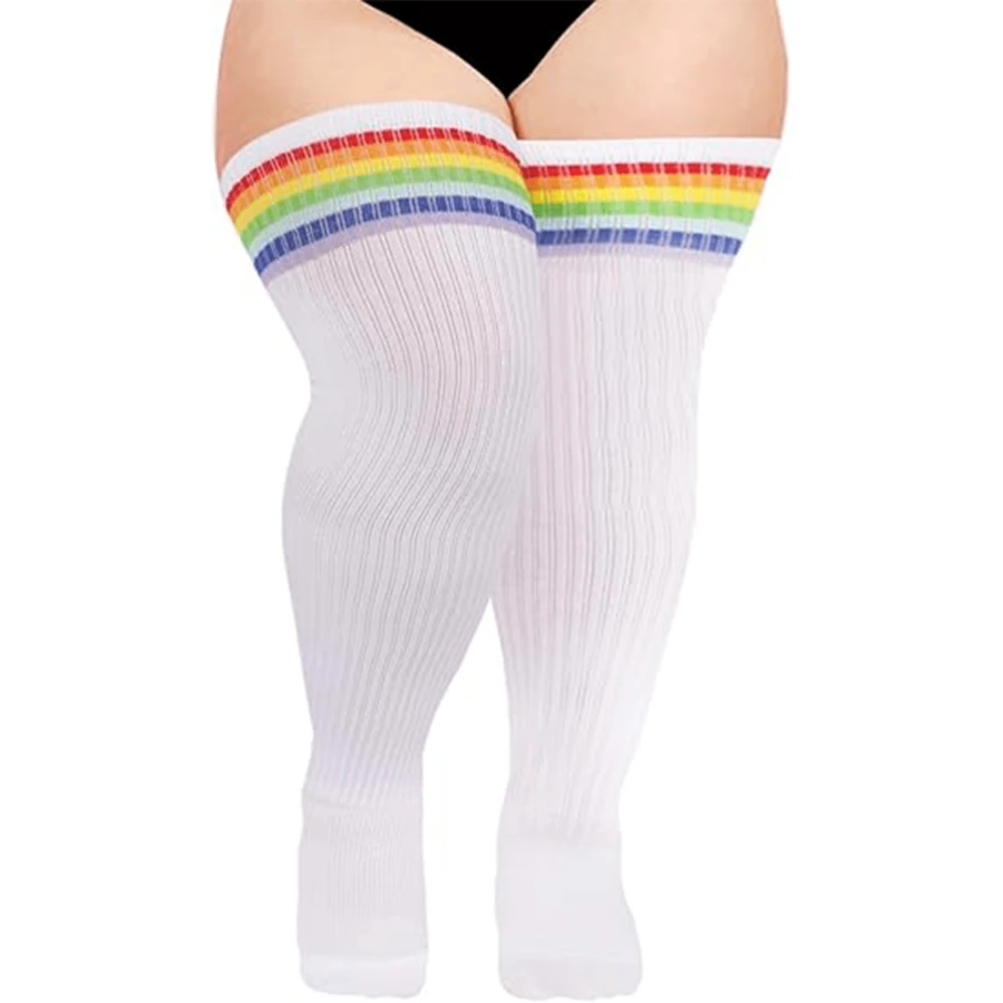 Plus Size Women Thigh High Socks For Thick Thighs- Extra Long Striped Thick Over The Knee Socks- Leg Warmer Boot Socks, Women Knit Cotton Extra Long Over The Knee-High Socks - 白色 - 查看 1