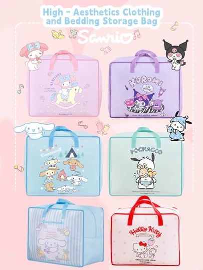 Sanrio Characters Clothing & Bedding Storage Bag, Durable Oxford Fabric, Tear-Resistant Material, Reinforced Handles, Sturdy Stitching, Large Capacity For Clothes, Blankets, Sheets, Pillows, Smooth Dual Zippers, Full-Open Design Dorm Room Essentials Clothes Organizer Closet Organization And Storage Bedroom