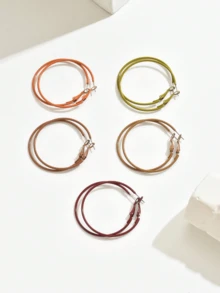 5 Pairs Classic Autumn/Winter Colorful Geometric Hoop Earrings (No Card Included) - Brown - View 2