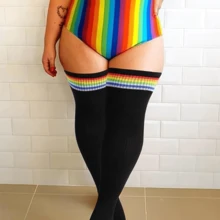 Plus Size Women Thigh High Socks For Thick Thighs- Extra Long Striped Thick Over The Knee Socks- Leg Warmer Boot Socks, Women Knit Cotton Extra Long Over The Knee-High Socks - 黑色 - 查看 5
