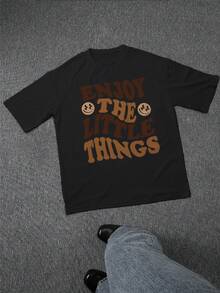 Camiseta negra de moda masculina 220g algodón puro pesado estampado Enjoy the little things texto café cuello redondo manga corta gruesa y cómoda - Negro - Ver 2