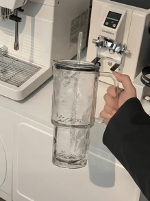 26 Oz Ribbed Glass With Lid And Straw, Ribbed Glass With Handle, Iced Coffee Glassware, Beverage Cup, Clear Reusable Beverage Container With Lid And Straw For Smoothies And Drinks