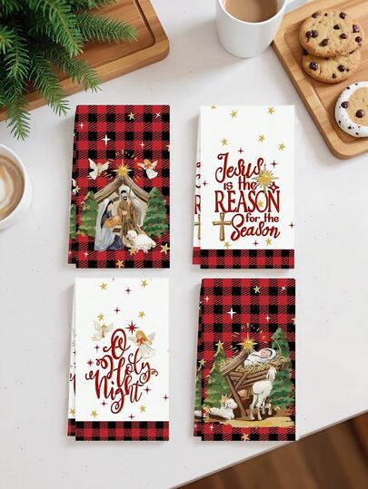 180pcs/Set Christmas Theme Hand Towels, Black & Red Plaid, Angel & Star Pattern, Suitable For Christmas Living Room Decor, Christmas Atmosphere Hand Towel Decor, Christmas Party Decoration, Christmas Restaurant Decor, Party Atmosphere Decoration