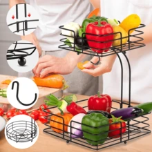 Lislark Square 2 Tier Fruit Rack With Banana Hanger, Metal Wire Basket For Kitchen, Stackable Bowl, Countertop Storage Racks For Vegetables, Bread, Potatoes - Black - View 5