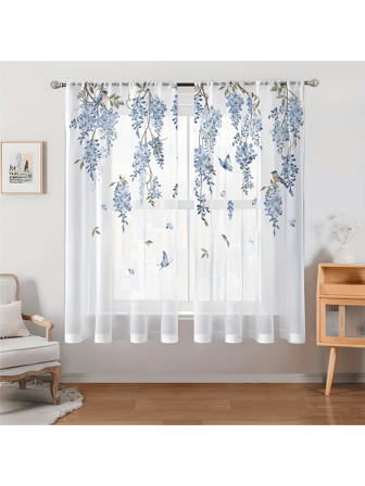 2 件半透明轻质薄纱窗帘布，52 英寸宽 x 63 英寸长，简约花卉蝴蝶鸟印花窗帘，现代简约纯色装饰薄纱